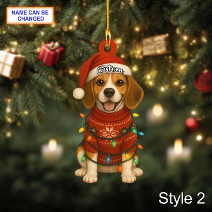 Custom Name Cute Sitting Beagle Dog with Santa Hat Christmas Lights Ornament - Image 4