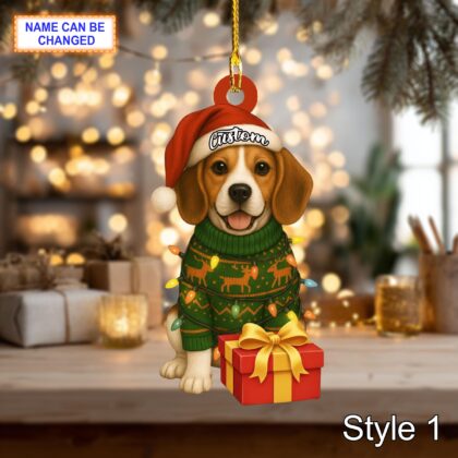 Custom Name Cute Sitting Beagle Dog with Santa Hat Christmas Lights Ornament