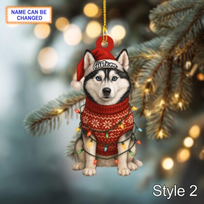 Custom Name Cute Sitting Siberian Husky Dog with Santa Hat Christmas Lights Ornament - Image 4