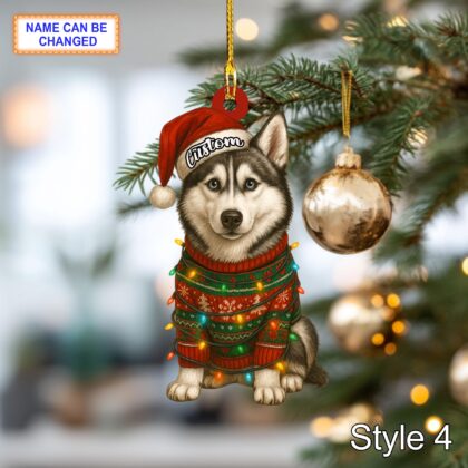 Custom Name Cute Sitting Siberian Husky Dog with Santa Hat Christmas Lights Ornament - Image 6