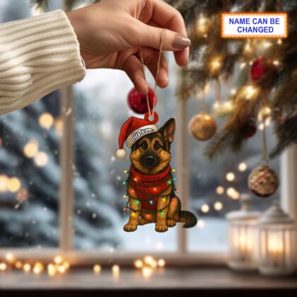 Custom Name Sitting German Shepherd Dog with Santa Hat and Christmas Lights Ornament - Image 2