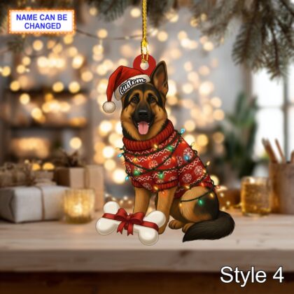 Custom Name Sitting German Shepherd Dog with Santa Hat and Christmas Lights Ornament - Image 6