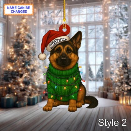 Custom Name Sitting German Shepherd Dog with Santa Hat and Christmas Lights Ornament - Image 4