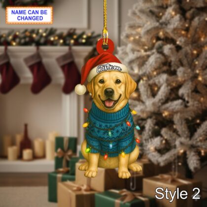 Custom Name Sitting Golden Retriever Dog with Santa Hat and Christmas Light Ornament - Image 4