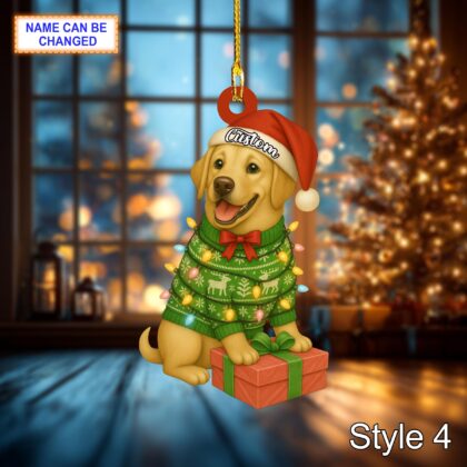 Custom Name Sitting Golden Retriever Dog with Santa Hat and Christmas Light Ornament - Image 6