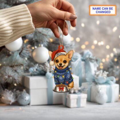 Alternative view of Custom Name Cute Sitting Chihuahua Dog with Santa Hat Christmas Lights Ornament