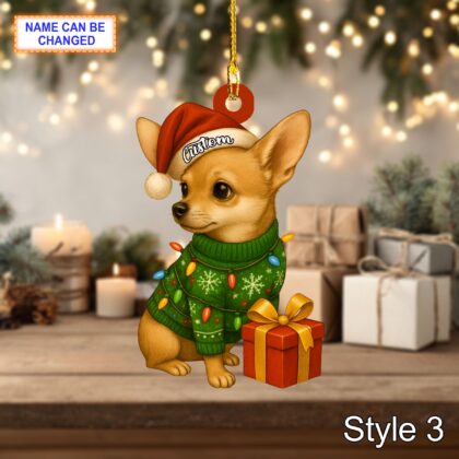 Custom Name Cute Sitting Chihuahua Dog with Santa Hat Christmas Lights Ornament - Image 5