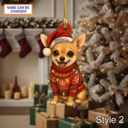 Custom Name Cute Sitting Chihuahua Dog with Santa Hat Christmas Lights Ornament - Image 4