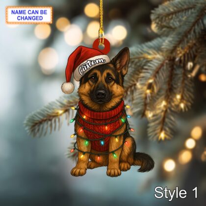 Custom Name Sitting German Shepherd Dog with Santa Hat and Christmas Lights Ornament