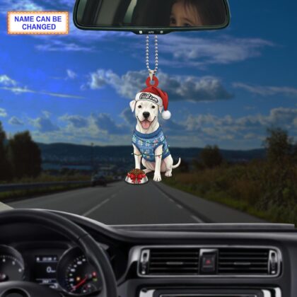 Custom Name Sitting Dogo Argentino Dog with Santa Hat Christmas Lights Ornament - Image 2