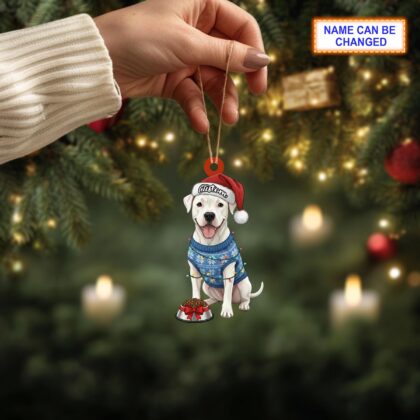 Custom Name Sitting Dogo Argentino Dog with Santa Hat Christmas Lights Ornament - Image 3