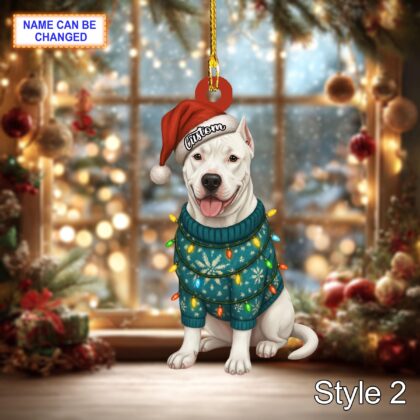 Custom Name Sitting Dogo Argentino Dog with Santa Hat Christmas Lights Ornament - Image 4