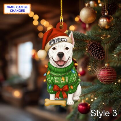 Custom Name Sitting Dogo Argentino Dog with Santa Hat Christmas Lights Ornament - Image 5