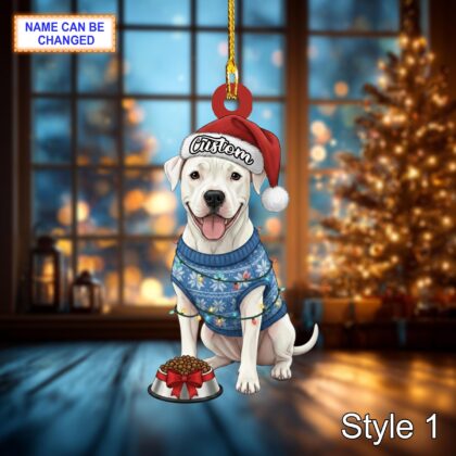 Custom Name Sitting Dogo Argentino Dog with Santa Hat Christmas Lights Ornament