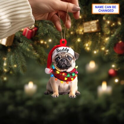 Custom Name Cute Sitting Pug Dog with Santa Hat Christmas Ornament - Image 3
