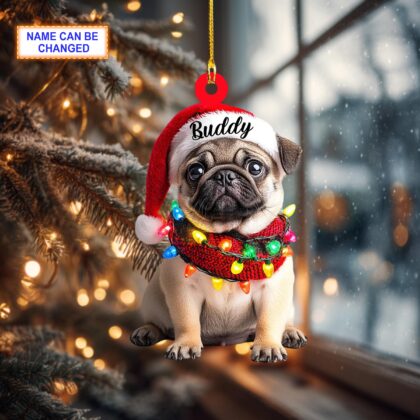 Alternative view of Custom Name Cute Sitting Pug Dog with Santa Hat Christmas Ornament