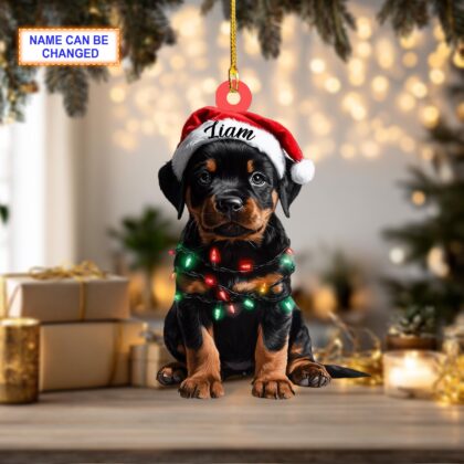 Custom Name Rottweiler Cute Dog With Santa Hat Christmas Lights Ornament - Image 4