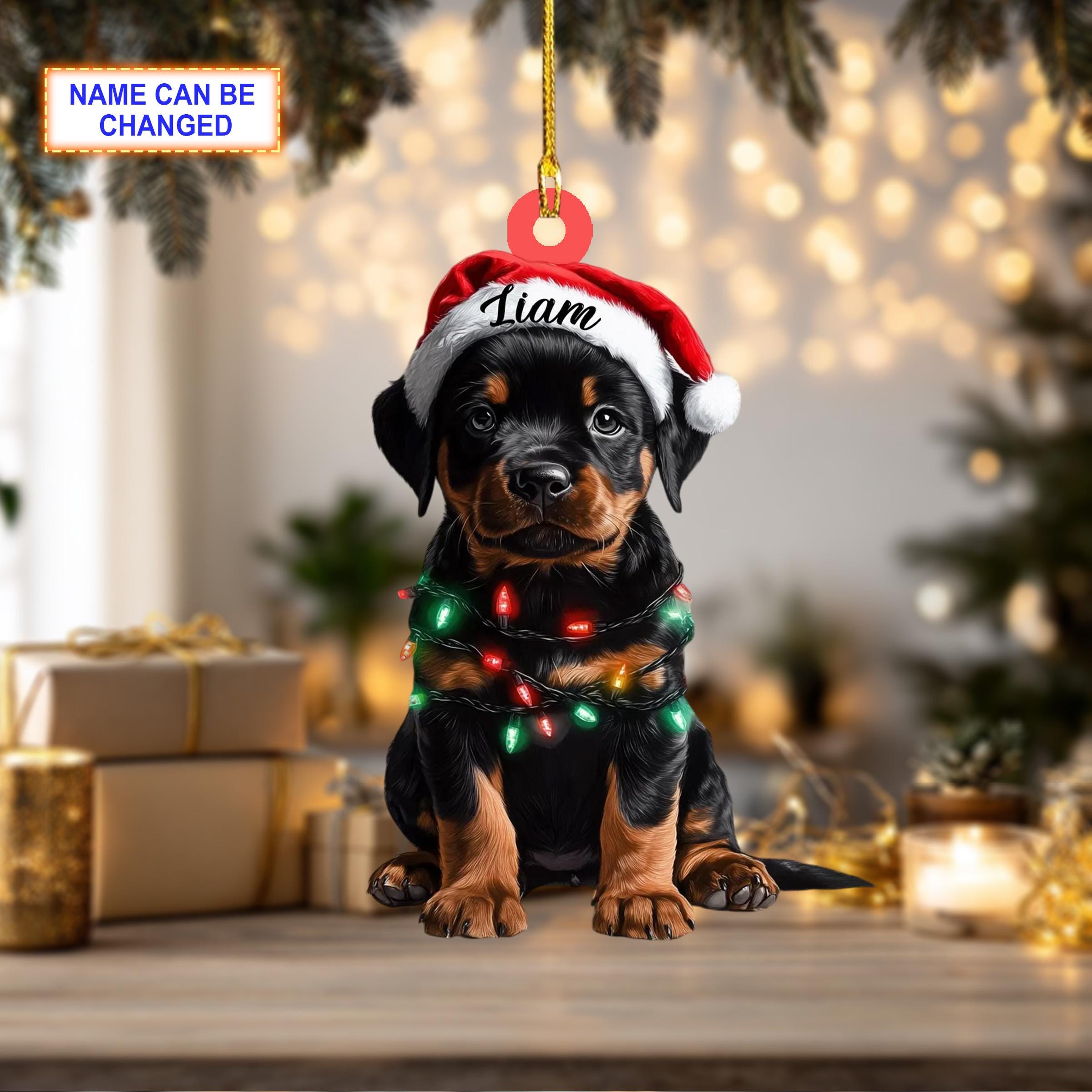 Custom Name Rottweiler Cute Dog With Santa Hat Christmas Lights Ornament - Image 4