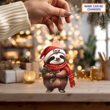 Custom Name Sloth Wearing Scarf and Santa Hat Mistletoe Xmas Ornament - Image 2
