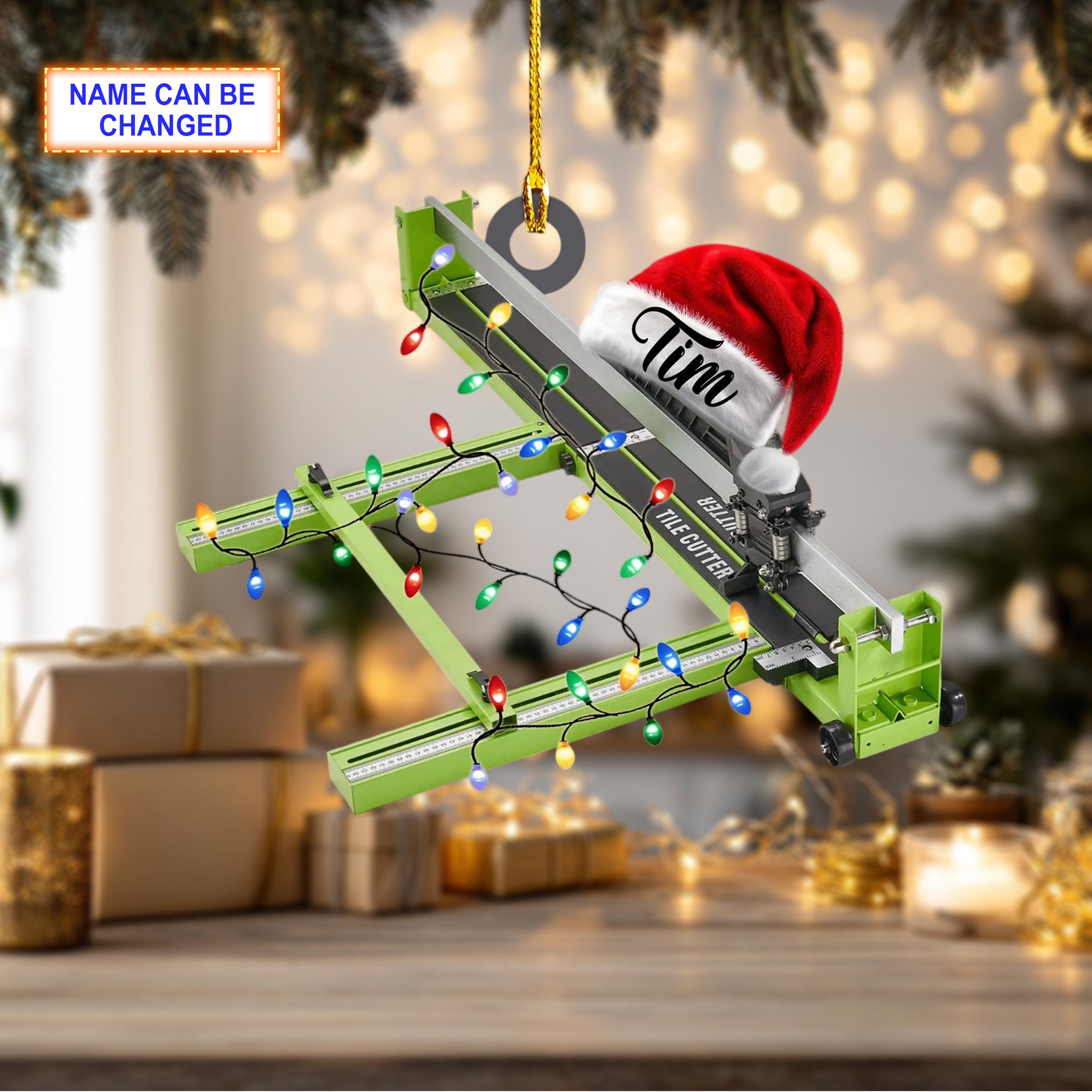 Custom Name Tile Cutter With Santa Hat and Christmas Lights Ornament - Image 4