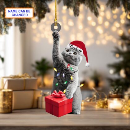 Alternative view of Custom Name British Shorthair Cat With Santa Hat and Christmas Lights