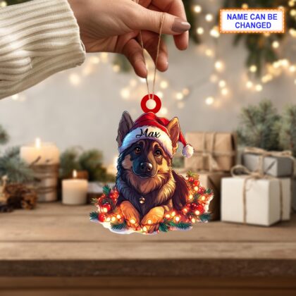 Alternative view of Custom Name German Shepherd Cute Dog With Santa Hat Christmas Lights Ornament
