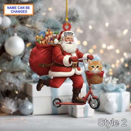 Custom Name Santa Kick Scooter Cat Personalized Ornament - Image 4