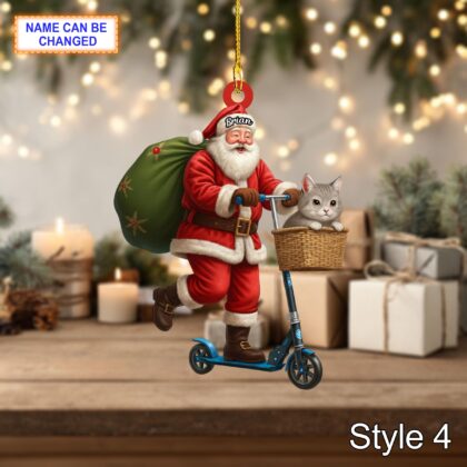 Custom Name Santa Kick Scooter Cat Personalized Ornament - Image 6