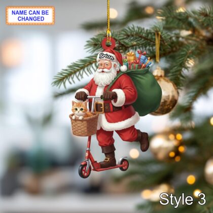 Custom Name Santa Kick Scooter Cat Personalized Ornament - Image 5