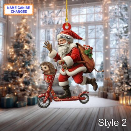 Custom Name Santa Kick Scooter Hedgehog Personalized Ornament - Image 4
