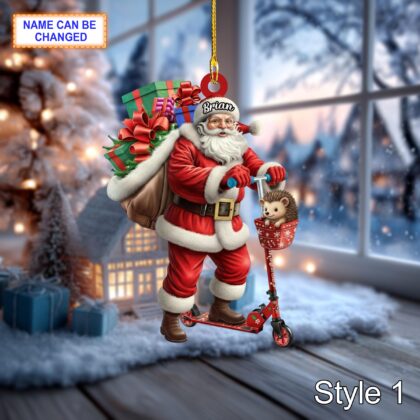 Custom Name Santa Kick Scooter Hedgehog Personalized Ornament