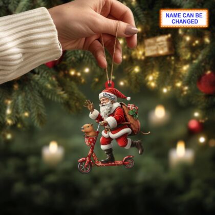 Custom Name Santa Kick Scooter Capybara Personalized Ornament - Image 2
