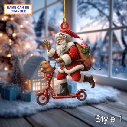 Custom Name Santa Kick Scooter Capybara Personalized Ornament