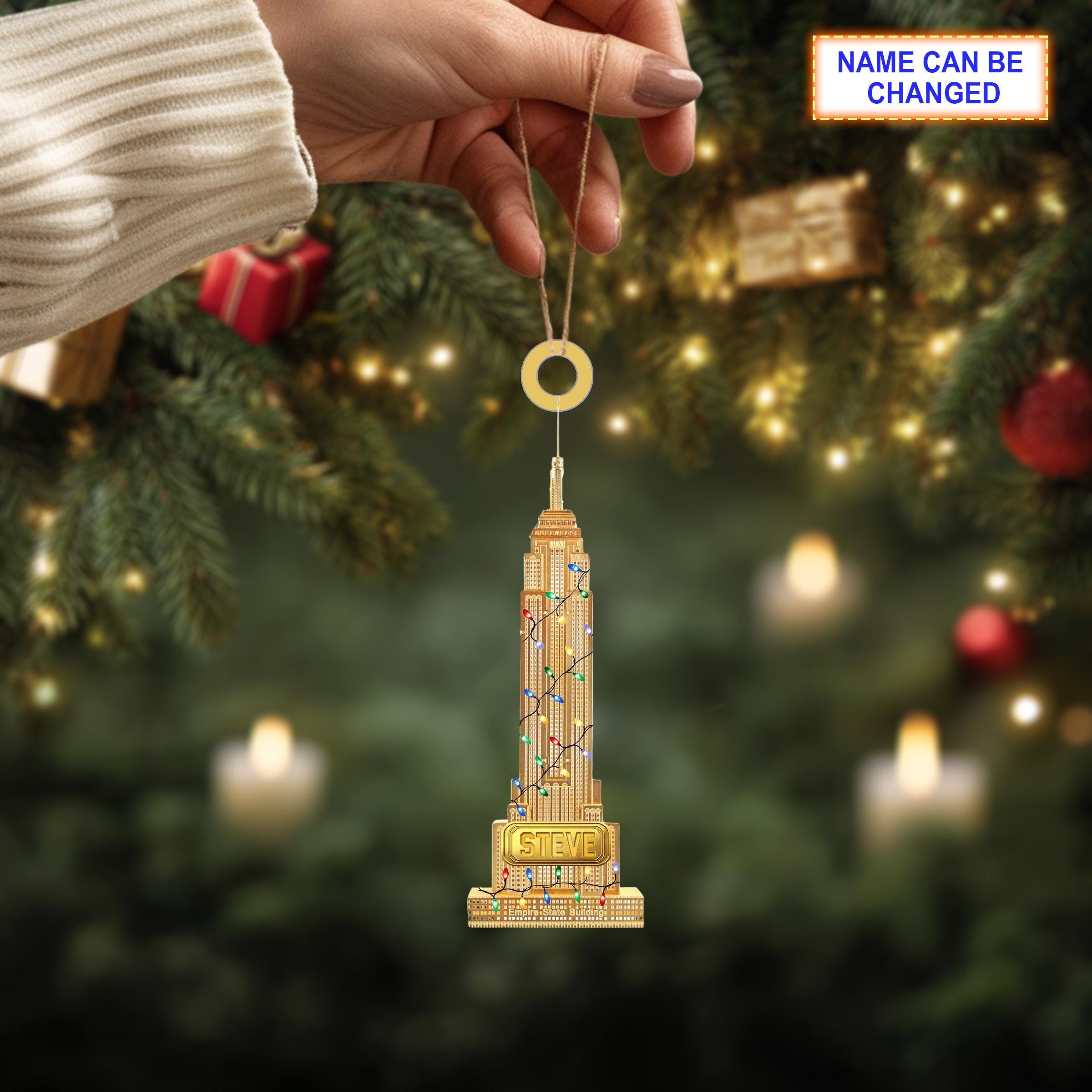 Custom Name Empire State Building With Christmas Lights Ornament - Image 3