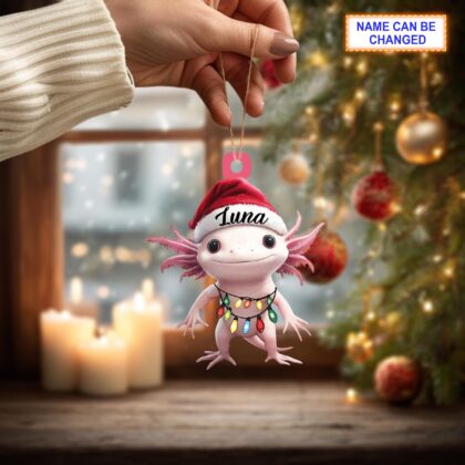 Custom Name Axolotl Salamander With Santa Hat Christmas Lights Ornament - Image 4