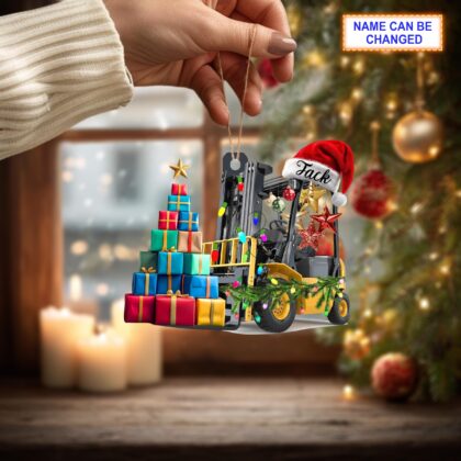 Custom Name Forklift With Santa Hat and Christmas Giftbox Ornament - Image 4