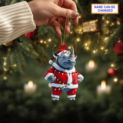 Custom Name Rhino With Red Christmas Costume Ornament – Christmas Tree Hanging Decor - Image 4