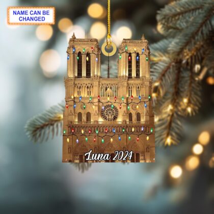 Custom Name Notre-Dame Cathedral With Christmas Lights Personalized Ornament - Image 3