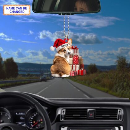 Custom Name Cute Sitting Corgi Dog with Santa Hat Christmas Gift Box Ornament - Image 4