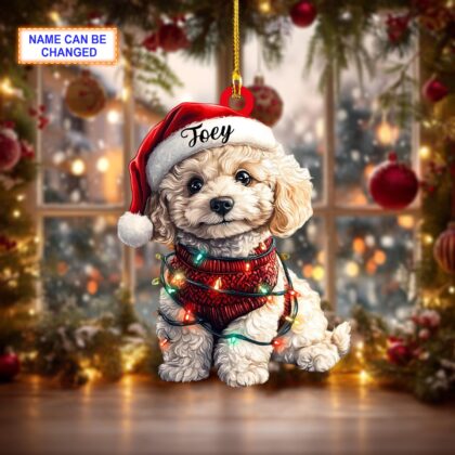 Custom Name Cute Sitting Poodle Dog with Santa Hat Christmas Lights Ornament - Image 4