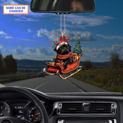 Custom Name Black Pug With Santa Hat Sitting On A Red Sleigh Ornament - Image 3
