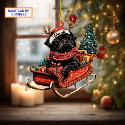Custom Name Black Pug With Santa Hat Sitting On A Red Sleigh Ornament - Image 4