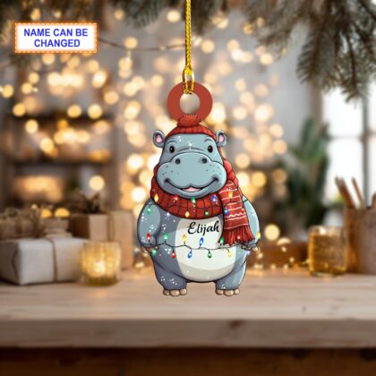 Alternative view of Custom Name Cute Hippo Xmas Personalized Ornament – Christmas Tree Hanging Decor