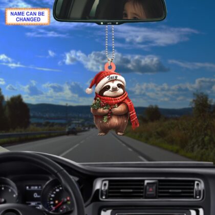 Custom Name Sloth Wearing Scarf and Santa Hat Mistletoe Xmas Ornament - Image 4