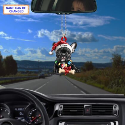 Custom Name French Bulldog Cute Dog With Santa Hat Christmas Bone Ornament - Image 3