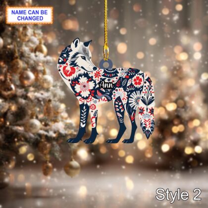 Custom Name Scandinavian Gray Wolf Personalized Ornament - Image 2