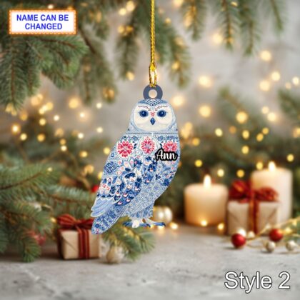 Custom Name Scandinavian Snowy Owl Personalized Ornament - Image 2
