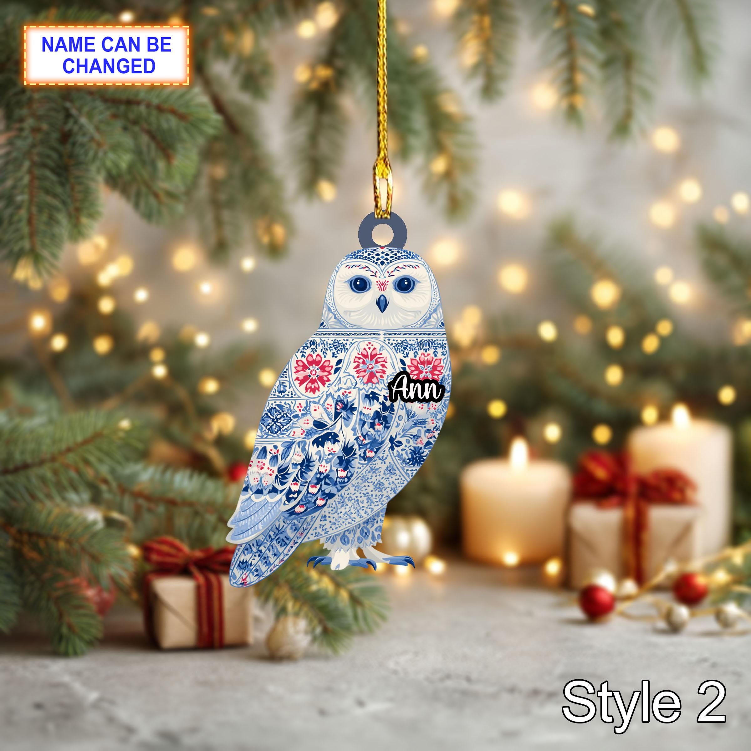 Custom Name Scandinavian Snowy Owl Personalized Ornament - Image 2