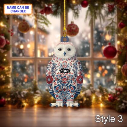 Custom Name Scandinavian Snowy Owl Personalized Ornament - Image 3