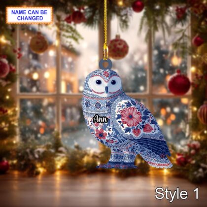 Custom Name Scandinavian Snowy Owl Personalized Ornament